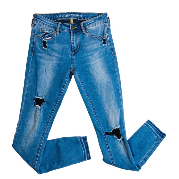 Articles Of Society Sarah Skinny Raw Hem Jeans Womens 25 Blue Distressed Stretch - Picture 2 of 11